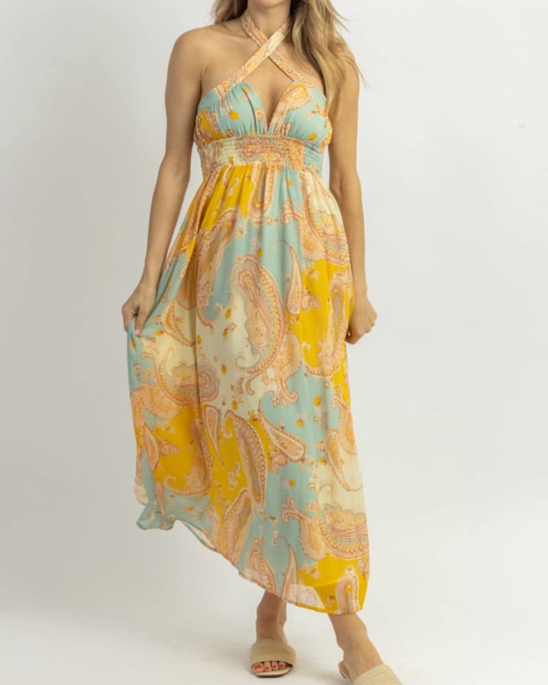 Front of a model wearing a size L Lemonade Breeze Crossover Midi Dress In Yellow in Yellow by DRESS FORUM. | dia_product_style_image_id:359064